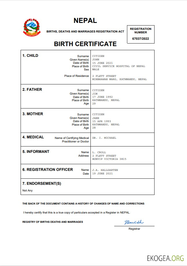 Modèle Word et PDF d'acte de naissance au Népal